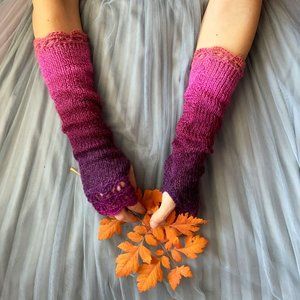 Cherry & Berry Handmade Knit Crochet Fingerless Long Gloves Berry Colors